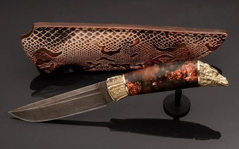 Нож авторский "Дракон" дамасская сталь, гибрид